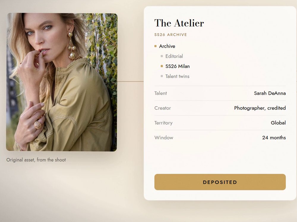 The Atelier: an original asset deposited into the house archive, with talent, creator, territory and window recorded