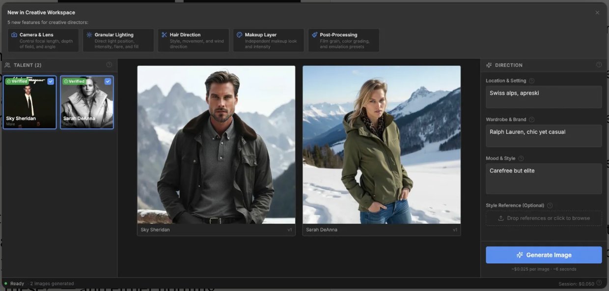 Visage AI Creative Workspace — Sky Sheridan and Sarah DeAnna in a Ralph Lauren–styled apreski campaign generated with consented digital twins